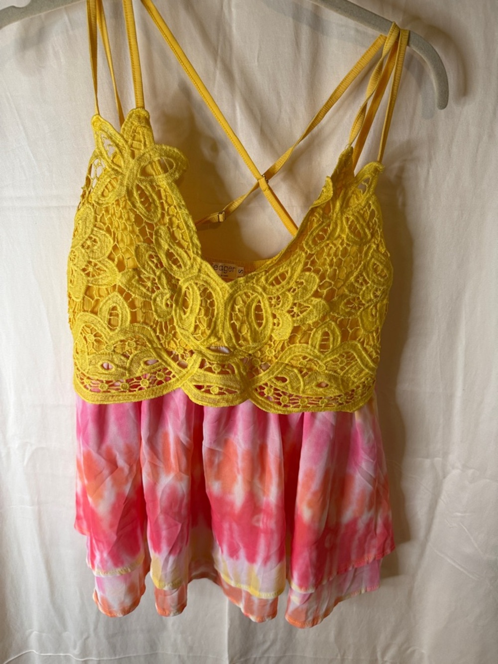 Yellow Crochet Lace & Pink Tie-Dye Camisole Tank Top